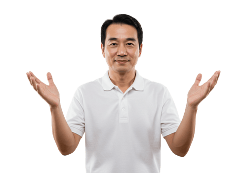 Smiling Asian Man Gesturing Open Palms White Shirt Studio Background male hands model happy offer png