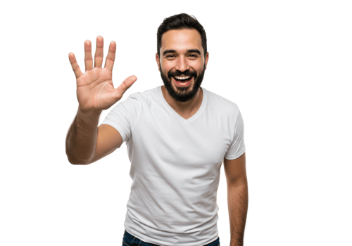 Happy Man Smiling Giving High Five Gesture White TShirt wave black model joyful studio person casual png