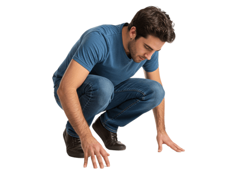 Young Man in Blue T Shirt Jeans Low Squat Pose Studio Guy Male Body Adult Model Image Human Casual png