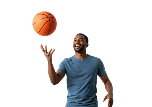 Happy Man Tossing Basketball Up High Black Background fun game blue play sport smile player active png