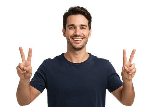 Happy Man Shows Peace Sign Victory Smiling Portrait Studio Two Hope Male Model Image Photo Joyful png