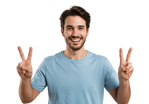 Happy Man Shows Victory Sign Peace Gesture Smiling Blue Shirt Studio two male model photo image png