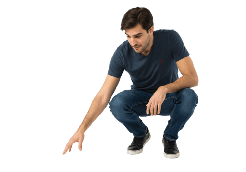Young Man in Jeans Reaching Down Studio Shot Casual Pose Low Guy Male Blue Dark Adult Image Photo png