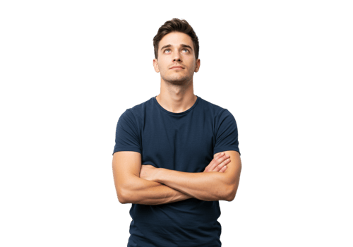 Young Man Thinking Hopeful Future Dreams Studio Portrait Black Background up male calm arms adult png