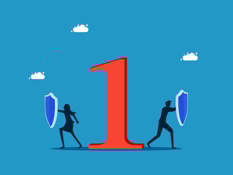 Protect wins. Business men and women holding shields to protect number one vector