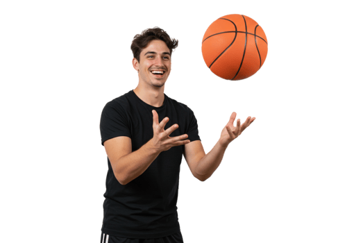 Happy Young Man Juggling Basketball Black Background Sport fun game skill active player energy png