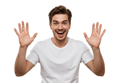 Excited Man in White TShirt Shows Hands Happy Surprise Joy Male Black Model Young Adult Studio png
