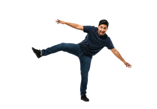 Excited Young Man Balancing Jeans Casual Fun Energetic Pose Studio male happy model black adult png
