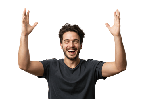 Happy Man Celebrating Success Arms Raised Joyful Expression Portrait Studio Goal Male Black Model png