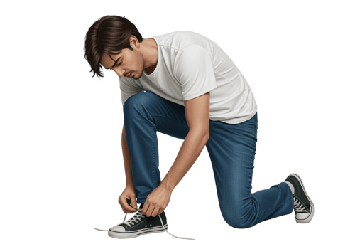 Young Man Tying Shoelaces Casual Jeans White Shirt Studio male blue shoes denim model style photo png