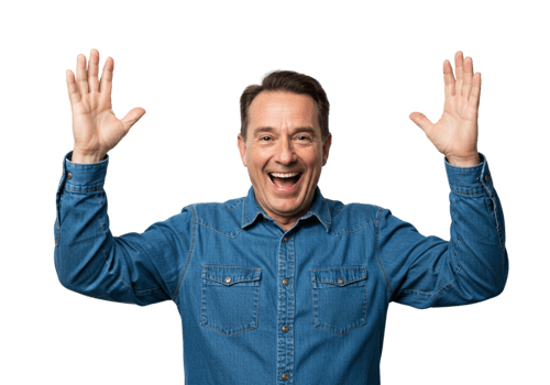 Happy Mature Man in Denim Shirt Raising Hands Joyful Expression Studio Shot Male Adult Black Human png