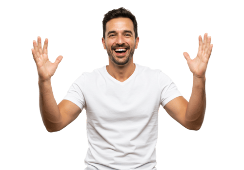 Happy Man Smiling Widely Hands Up Gesture White TShirt male model adult studio joyful person casual png