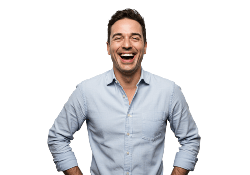 Happy Man Laughing Joyful Expression Portrait Studio Shot male face blue smile model adult shirt png