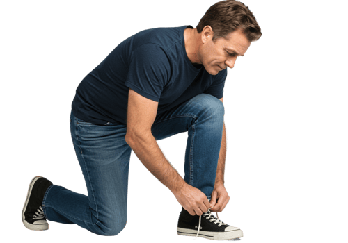 Man Kneeling Tying Shoelaces Casual Jeans Blue Shirt Male Shoes Adult Black Image Photo Person png