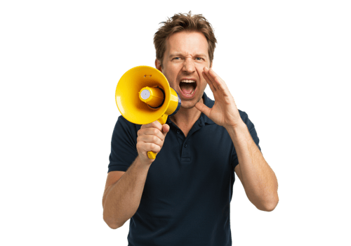 Angry Man Shouting into Yellow Megaphone Announcement loud news male voice anger adult public speech png