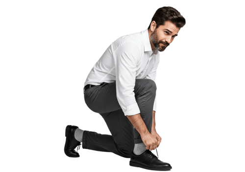 Man in White Shirt Tying Shoe Laces Stylish Business Attire Professional Grey Male Shoes Pants Black png