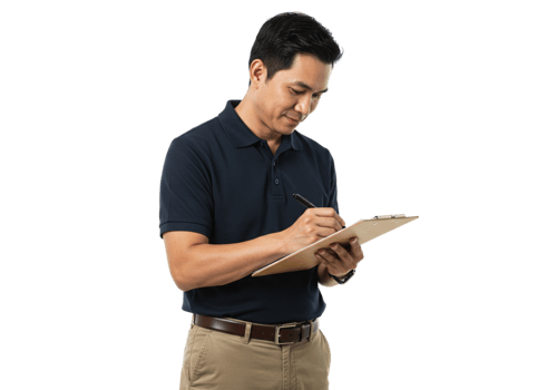 Man in Polo Shirt Writing on Clipboard Business Notes Pen Work Task Male Dark Paper Adult Beige png