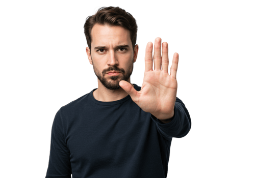 Serious Man Showing Stop Hand Gesture Dark Background Studio Male Halt Adult Cease Limit Person png