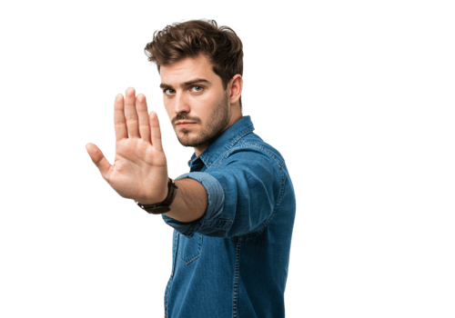 Serious Man Shows Stop Hand Gesture Denim Shirt Studio Male Sign Black Adult Image Model Young png