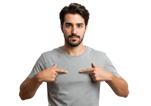 Man in Grey TShirt Points at Chest Confident Pose Studio Shot male model young adult black clean png