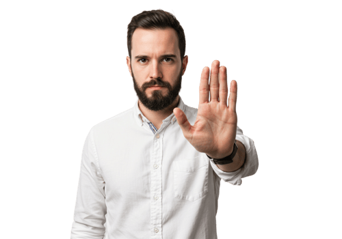 Serious Man Shows Stop Hand Gesture White Shirt Background Male Halt Adult Cease Studio Person png