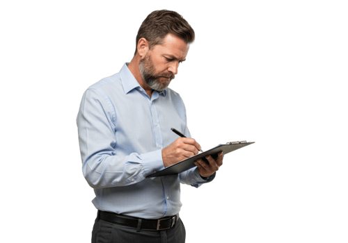 Serious Businessman Writing Notes on Clipboard Professional Man Working pen job male task suit adult png