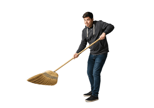 Man Sweeping Floor with Broom Cleaning House Chore Home Task Male Adult Young Black Jeans Person png