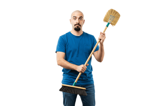 Surprised Man Holding Broom Cleaning Service Concept Studio Shot Task Male Black Adult Image Sweep png
