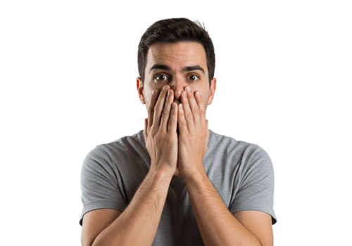 Shocked Man Covering Mouth Hands Grey Shirt Studio Shot face male fear human adult worry amazed png
