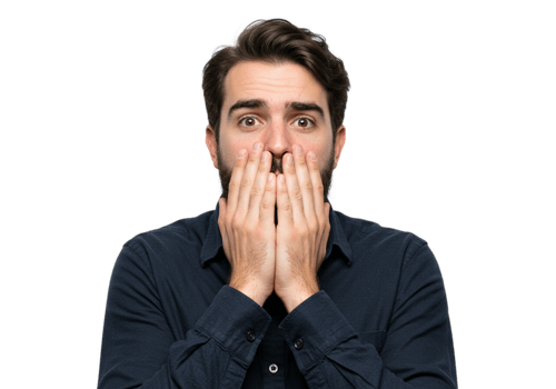 Shocked Man Covering Mouth Hands Studio Portrait Dark Background face fear male worry human adult png