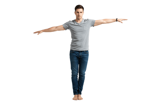 Young Man Standing Arms Outstretched Casual Pose Studio Shot grey blue male full body jeans model png