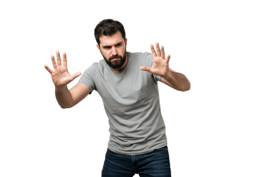 Serious Man Gesturing Stop Hands Up Grey Shirt Studio Fear Male Doubt Adult Black Image Person png