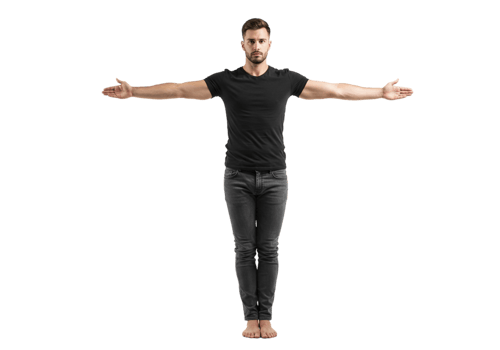 Young Man Standing Arms Out Black TShirt Jeans Studio Guy Male Pose Body Full Model Image Photo png