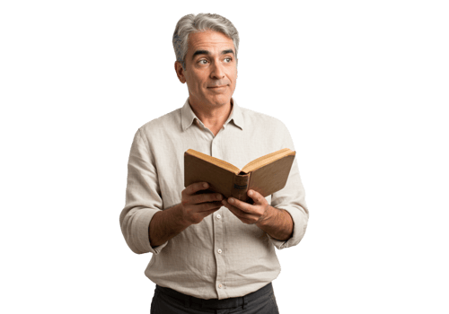 Mature Man Reading Book Thoughtful Expression Studio Shot Male Gray Hair Adult Shirt Beige Black png