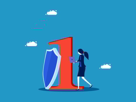 businesswoman standing next to a shield and number one vector