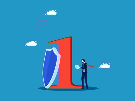 businessman standing next to a shield and a number one vector