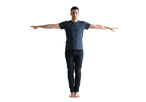 Young Man Standing Arms Outstretched Casual Pose Studio Shot blue dark full body male adult model png
