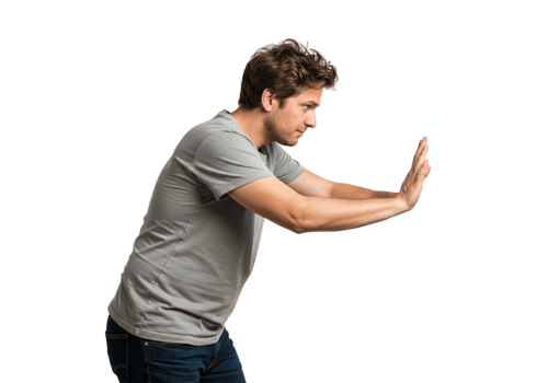 Man Pushing Invisible Object Studio Shot Grey Shirt body pose male young adult image power person png