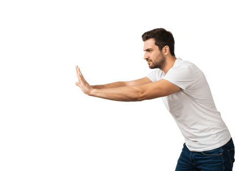 Man in White TShirt Pushing Invisible Object Studio Shot body pose male power black adult young png