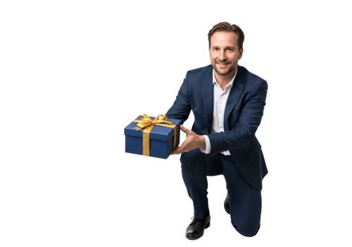 Smiling Businessman Offering Elegant Gift Box Blue Gold Ribbon suit happy award luxury present png
