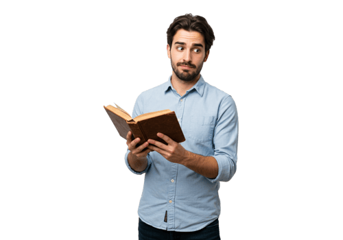 Intrigued Young Man Reading Antique Book Studying History Literature Text Blue Pages Brown Shirt png