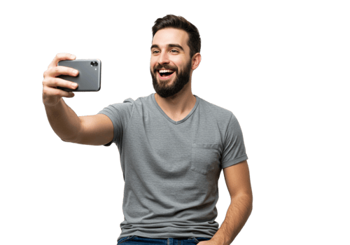 Happy Man Taking Selfie Smiling Grey Shirt Phone Photo Male Black Young Image Media Studio Casual png