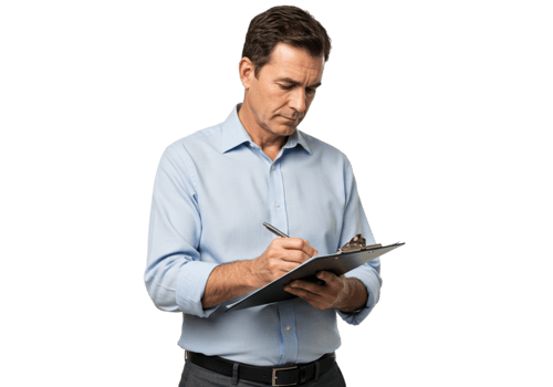 Focused Businessman Writing Notes on Clipboard Serious Professional Man Working Pen Task Male Paper png