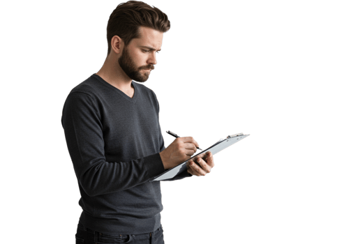 Serious Man Writing on Clipboard Dark Background Professional Business Note Task Work Male Gray png