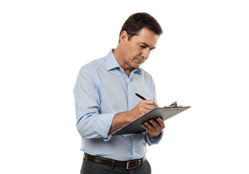 Serious Businessman Writing Notes on Clipboard Professional Office Worker pen male task adult paper png