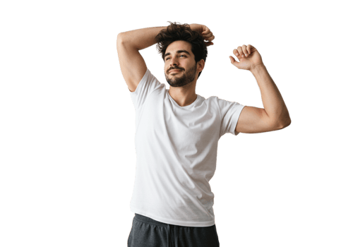 Happy Man Stretching in White TShirt Black Background male calm model young awake sleep casual png