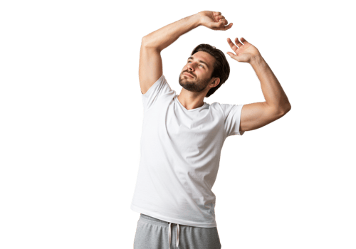 Handsome Man Stretching Arms Up White TShirt Grey Pants Relaxed Pose body male model young black png