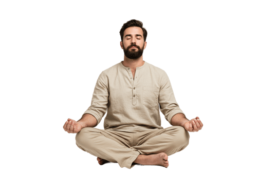 Peaceful Man Meditating in Beige Clothing Serene Yoga Pose Mindfulness Practice Tranquil Relaxation png