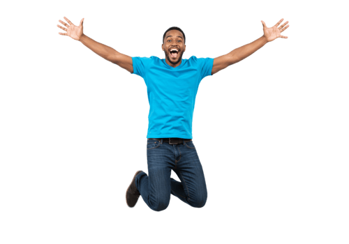 Excited Man Jumping Joyful Blue Shirt Happy Success fun male jeans black young energy motion active png