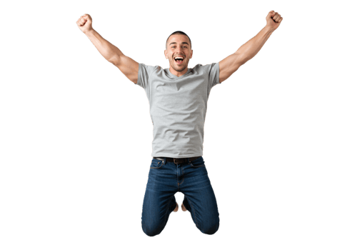 Happy Man Jumping Joyful Celebration Success Winning Excited Grey Male Black Shirt Jeans Young png